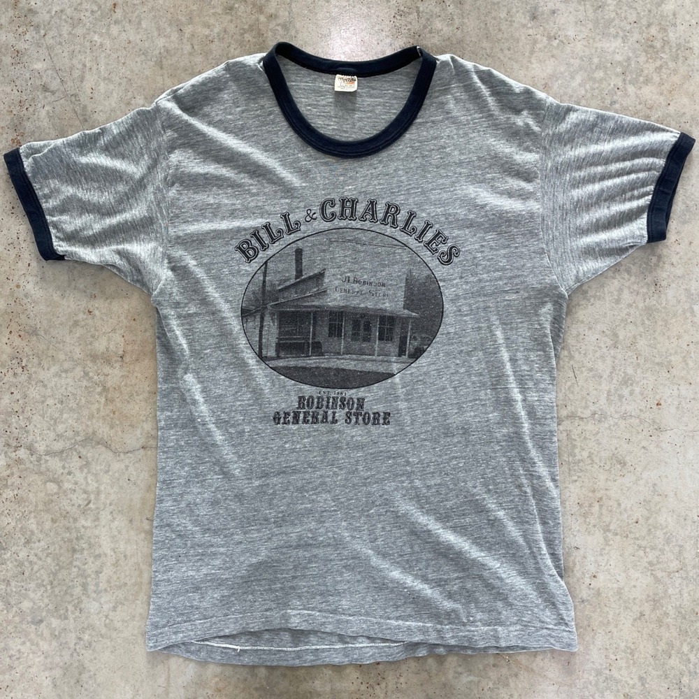 Hanes Ringer T-Shirt Mens L Gray Bill & Charlies Robinson General Store Vintage
